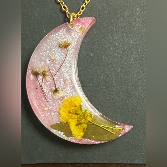 Pink Crescent Moon Necklace/ Resin/ Handmade/ Real Pressed Flowers - Picture 3 of 5